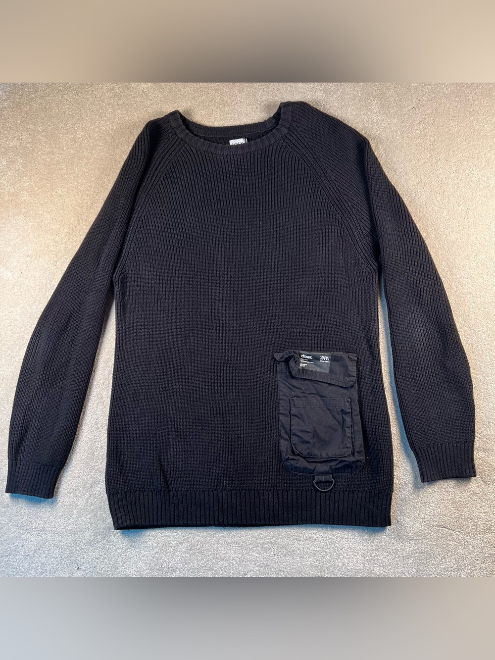 Zara Sweater Black Rib Knit Crew Lower Front Utility Pocket 100% Cotton Men's Lg